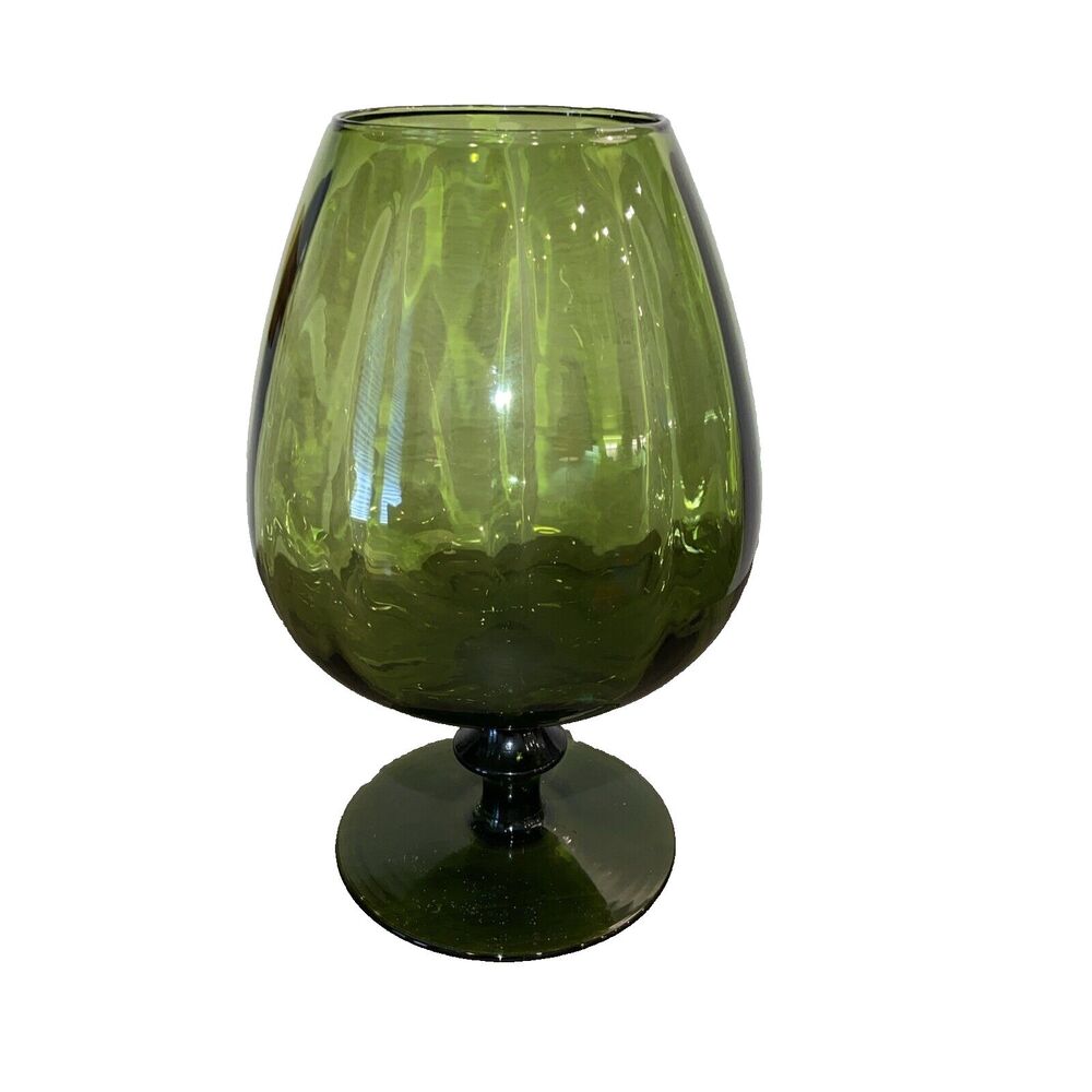 Vintage Large Emerald Green Verde Empoli Optic Rib Swirl Glass Brandy Snifter